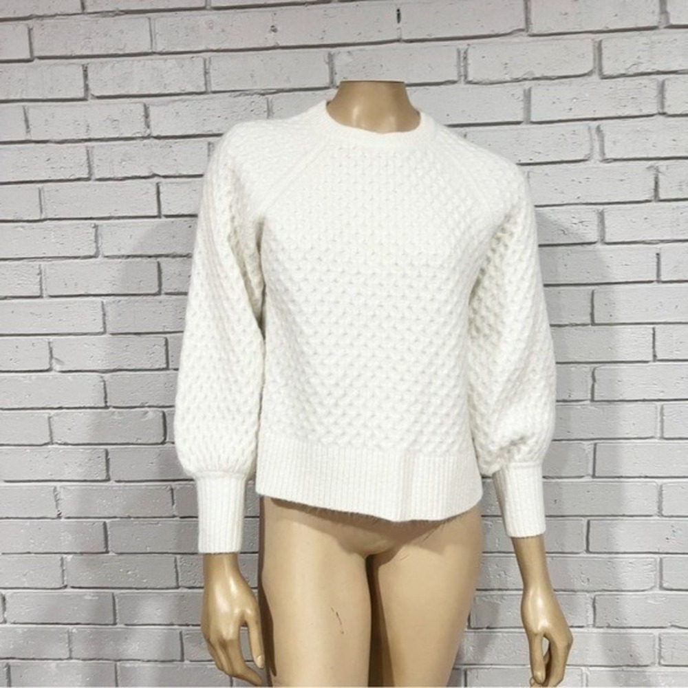 Line and Dot White Textured Honeycomb Knit‎ Balloon Sleeve Crewneck Sweater